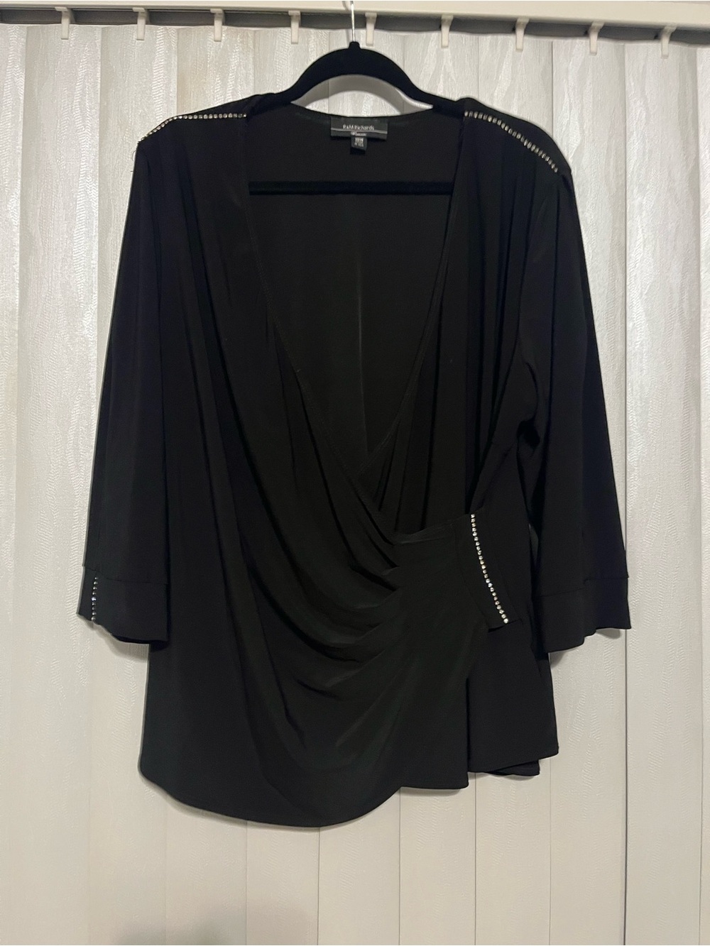Black Draped Wrap Top with rhinestone Detailing